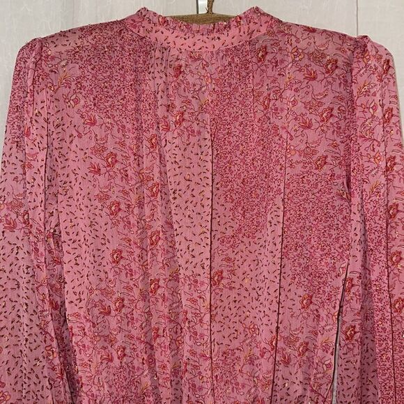 joie S Mock Neck Tie Front Long Balloon Sleeve Pink Gold Metallic Blouse - Picture 4 of 12